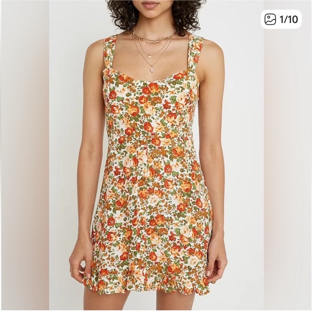 Faithfull the Brand Loulou Floral Mini Dress — Cream with Orange & Green Print